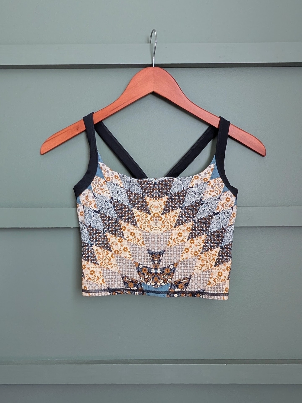 Z Supply Active Blue and Yellow Quilt Print Ribbed Sports Bra